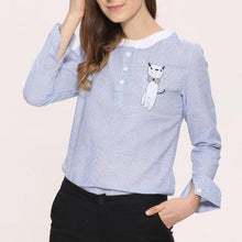Women Cotton Linen Stripe Shirt with Cat Printed
