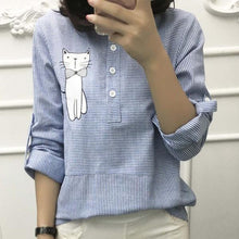 Women Cotton Linen Stripe Shirt with Cat Printed