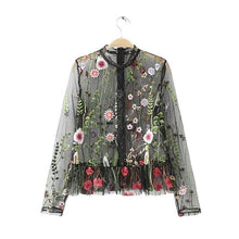 Women Sweet Flower Embroidery Mesh Shirt