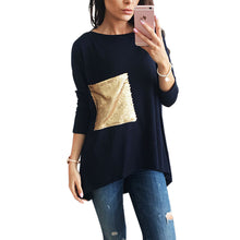 Women O Neck T Shirts with Sequined Pocket (Plus Size)