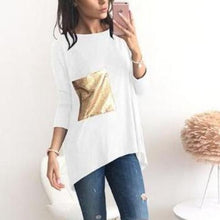 Women O Neck T Shirts with Sequined Pocket (Plus Size)
