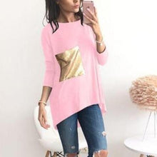 Women O Neck T Shirts with Sequined Pocket (Plus Size)