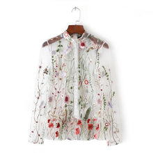 Women Sweet Flower Embroidery Mesh Shirt
