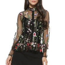 Women Sweet Flower Embroidery Mesh Shirt