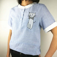 Women Cotton Linen Stripe Shirt with Cat Printed