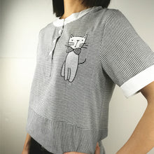 Women Cotton Linen Stripe Shirt with Cat Printed