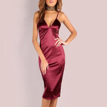 Women Burgundy Satin Dress Deep V Neck