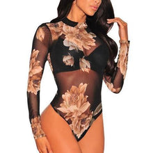 Women Floral Printed Mesh Pattern Bodysuit