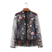 Women Sweet Flower Embroidery Mesh Shirt