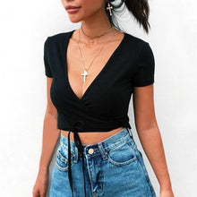 Women V Neck Short Sleeve Crop Top