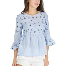 Women Floral Embroidery Striped Blouse