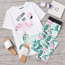 Women Flamingo And Jungle Leaf Print Pajama Set