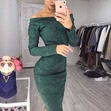 Women Long Sleeve Off Shoulder Suede Dress