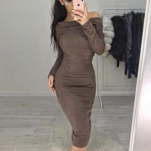 Women Long Sleeve Off Shoulder Suede Dress