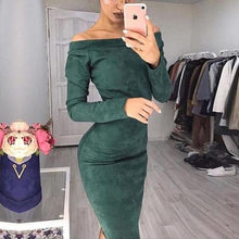 Women Long Sleeve Off Shoulder Suede Dress
