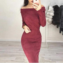 Women Long Sleeve Off Shoulder Suede Dress