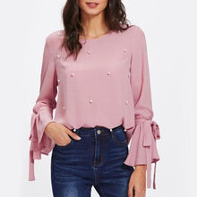 Women Pearl Bow Tie Flounce Sleeve Blouse