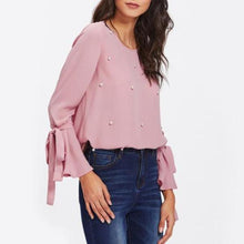 Women Pearl Bow Tie Flounce Sleeve Blouse