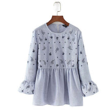 Women Floral Embroidery Striped Blouse