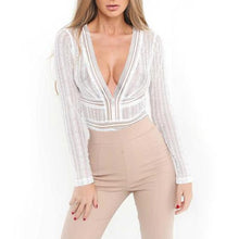 Women Deep V neck Lace Mesh Bodysuit