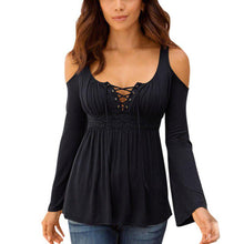 Women V Neck Lace up Flare Sleeve Shirt (Plus Size)