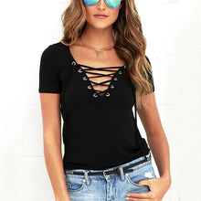 Women T-shirt Deep V Neck Bandage (Plus Size)