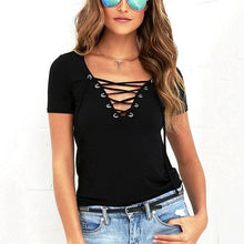 Women T-shirt Deep V Neck Bandage (Plus Size)