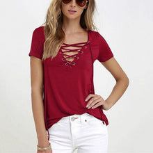 Women T-shirt Deep V Neck Bandage (Plus Size)