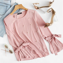 Women Pearl Bow Tie Flounce Sleeve Blouse