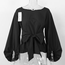 Women Lantern Sleeve Blouses With Bow Belt