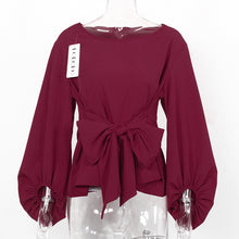 Women Lantern Sleeve Blouses With Bow Belt