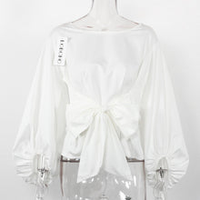 Women Lantern Sleeve Blouses With Bow Belt