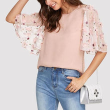 Women Pink Flower Mesh Sleeve Blouse