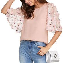 Women Pink Flower Mesh Sleeve Blouse