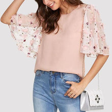Women Pink Flower Mesh Sleeve Blouse