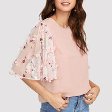 Women Pink Flower Mesh Sleeve Blouse