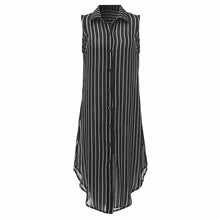 Women Lapel Neck Sleeveless Stripe Dress