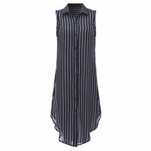 Women Lapel Neck Sleeveless Stripe Dress