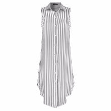 Women Lapel Neck Sleeveless Stripe Dress